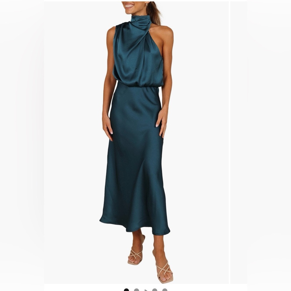 Petal & Pup Teal Satin High-Neck Midi Dress